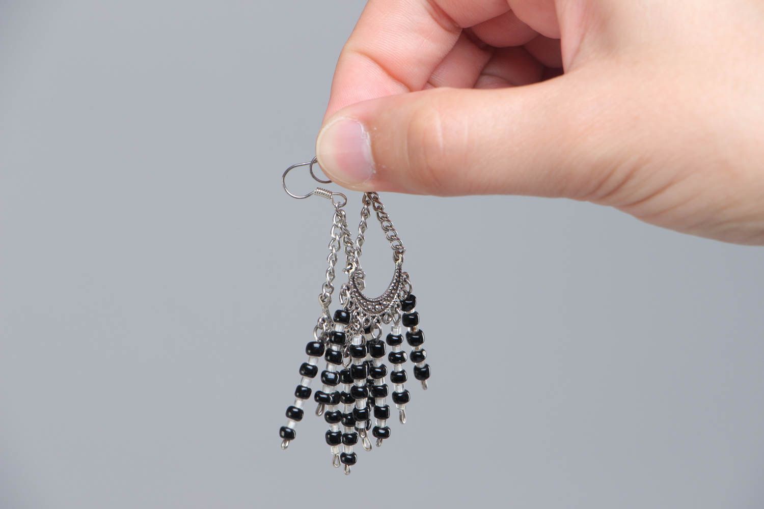 Handmade stylish long metal earrings with beads black-and-white summer accessory photo 5