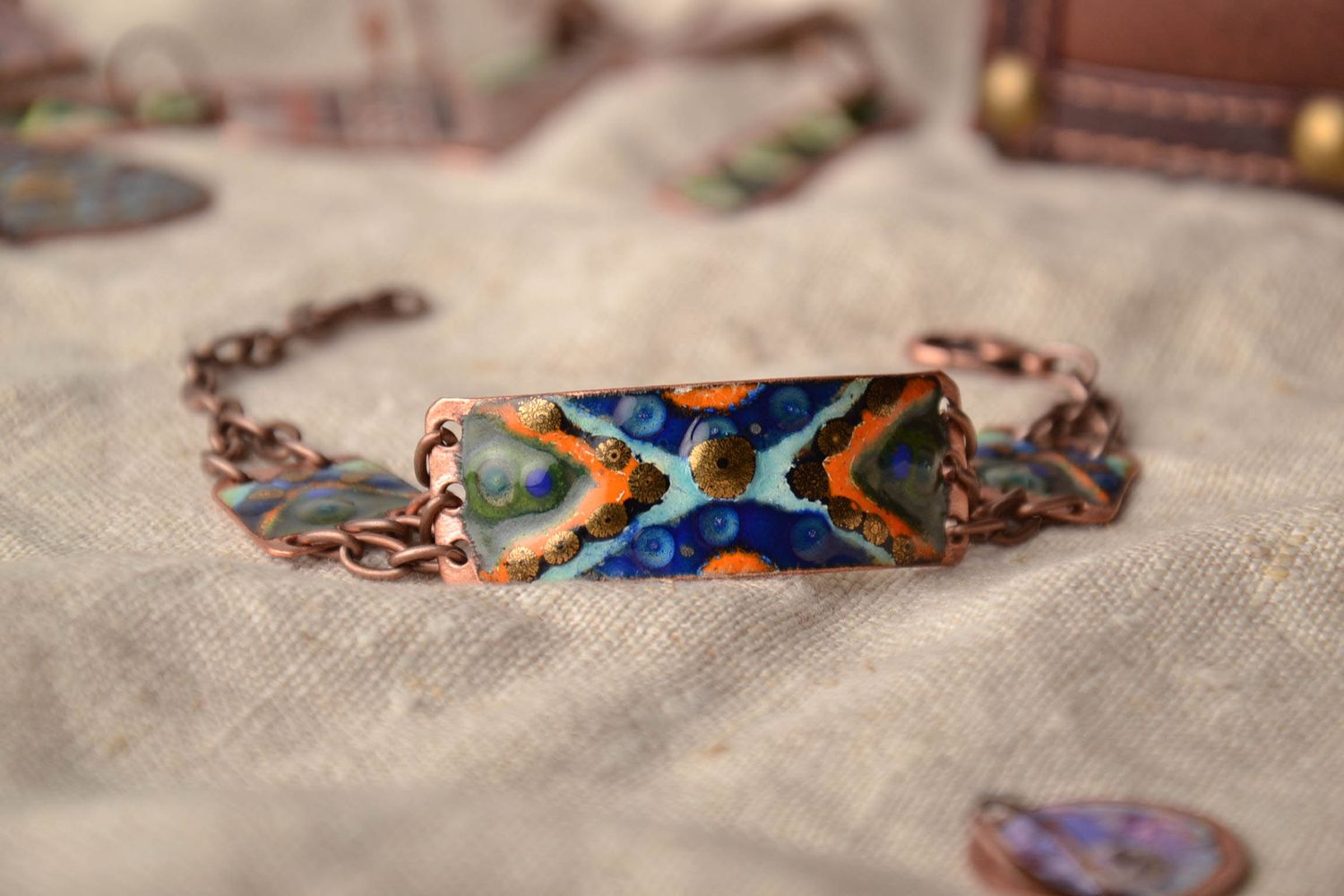 Copper bracelet painted with enamels with chain photo 1