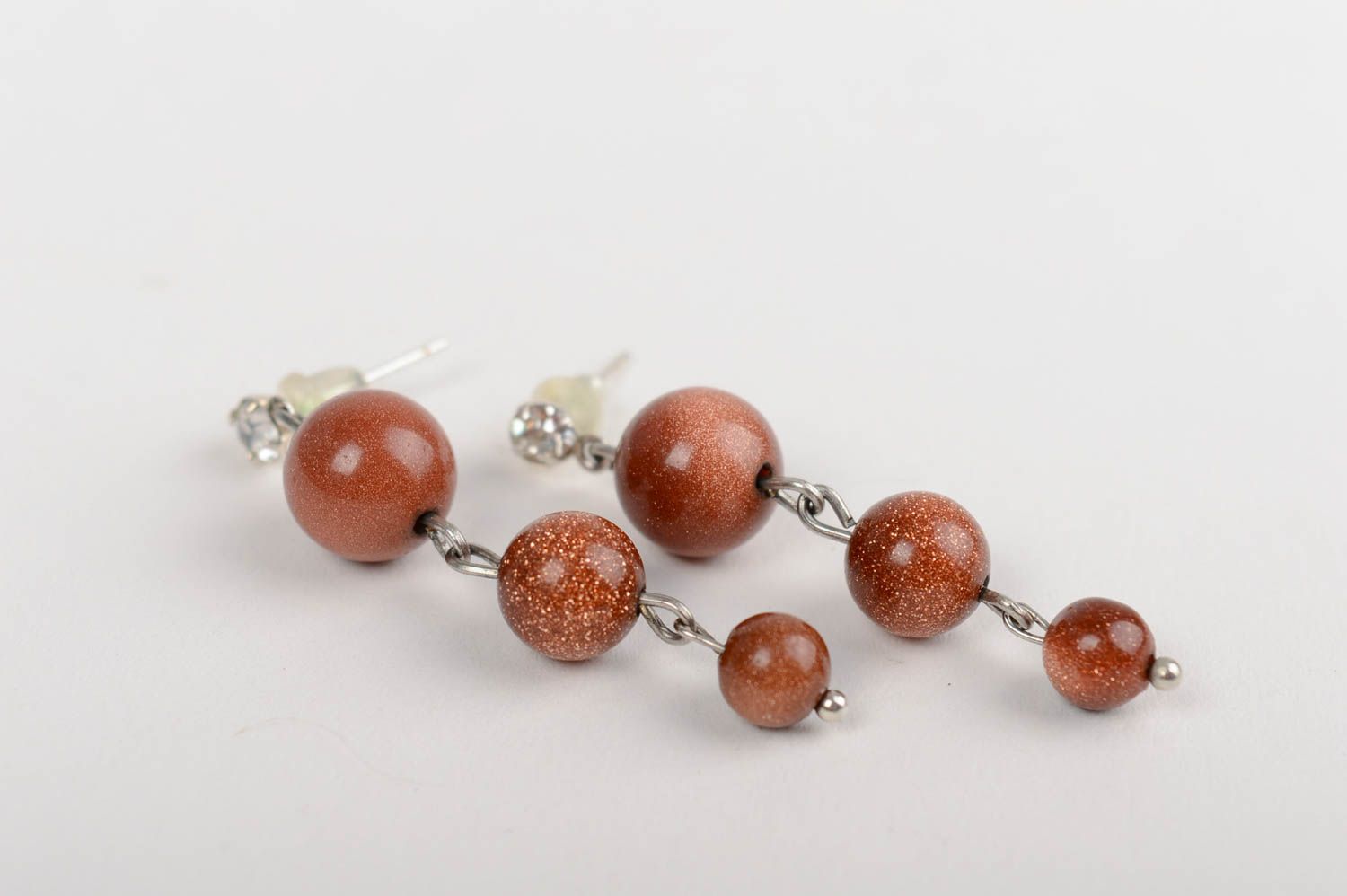 Handmade long dangle earrings with brown aventurine stone beads for ladies photo 2