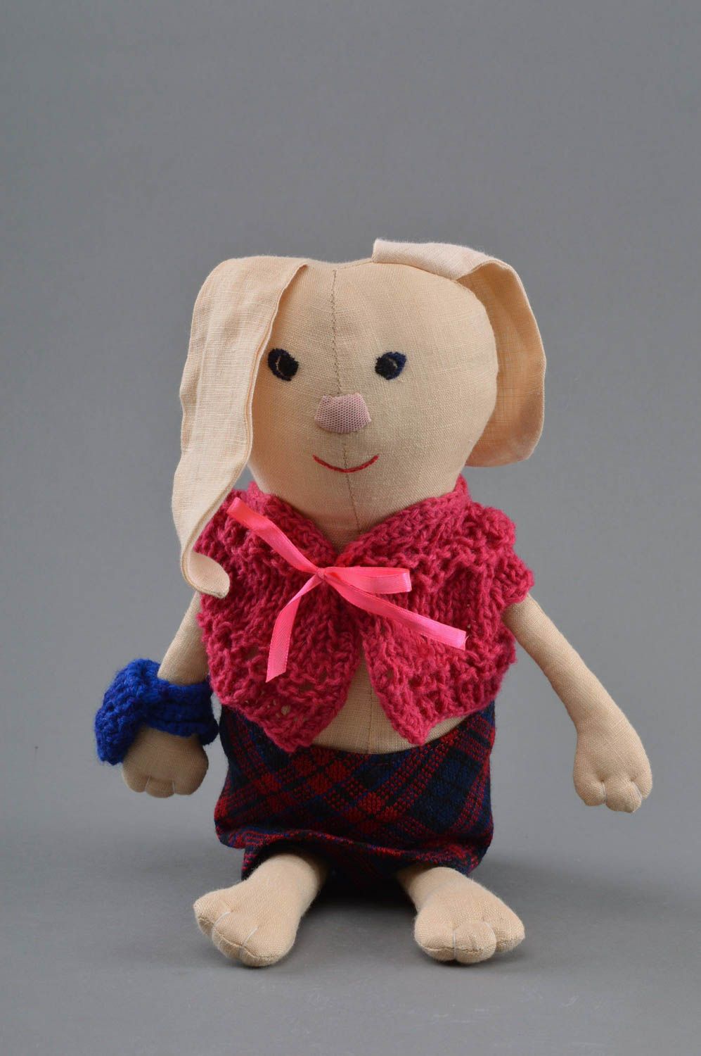 Small handmade children's fabric soft toy bunny in checkered skirt photo 1