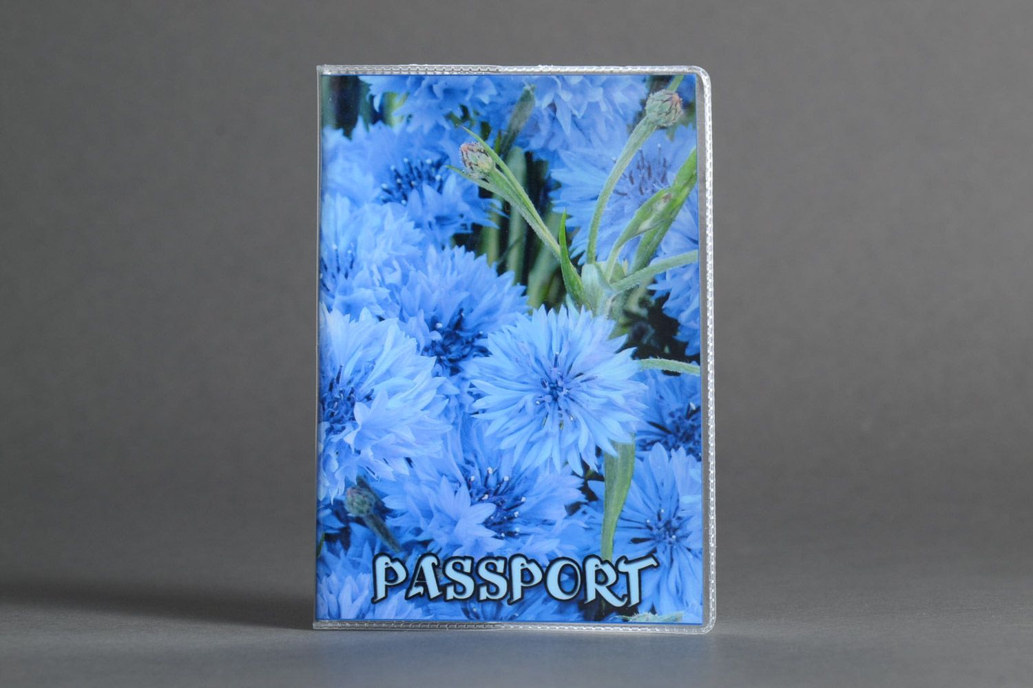 Handmade plastic passport cover with floral photo print in blue color palette photo 1