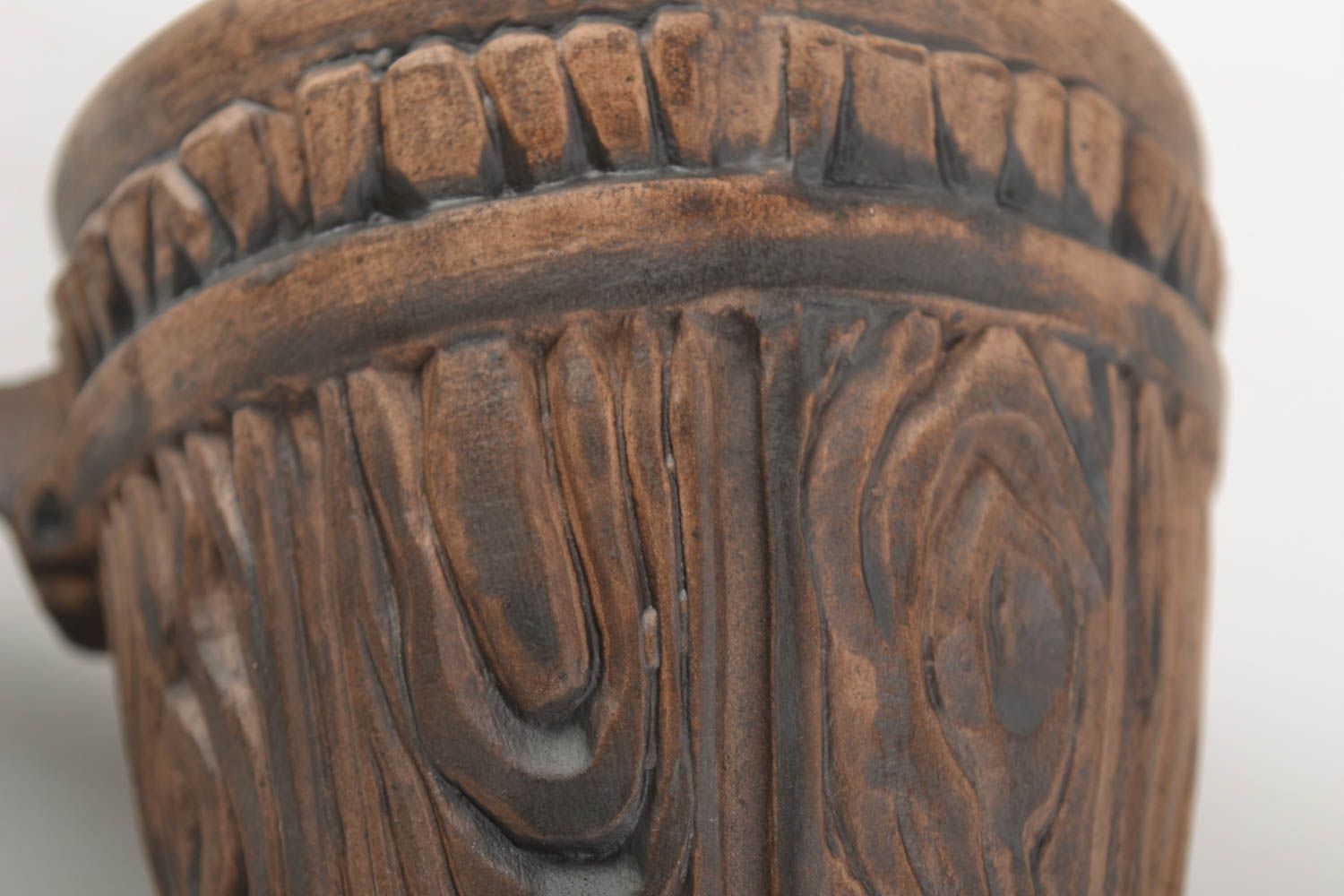 Jarro cerámico con asa artesanal original marrón a imitación de madera 250 ml foto 5