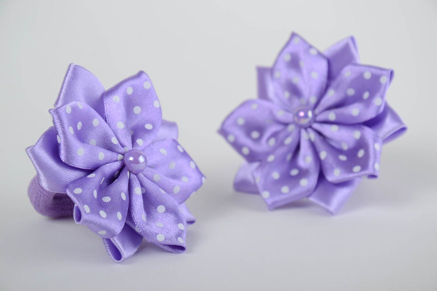 Children's handmade lilac textile flower hair ties set 2 pieces kanzashi photo 5