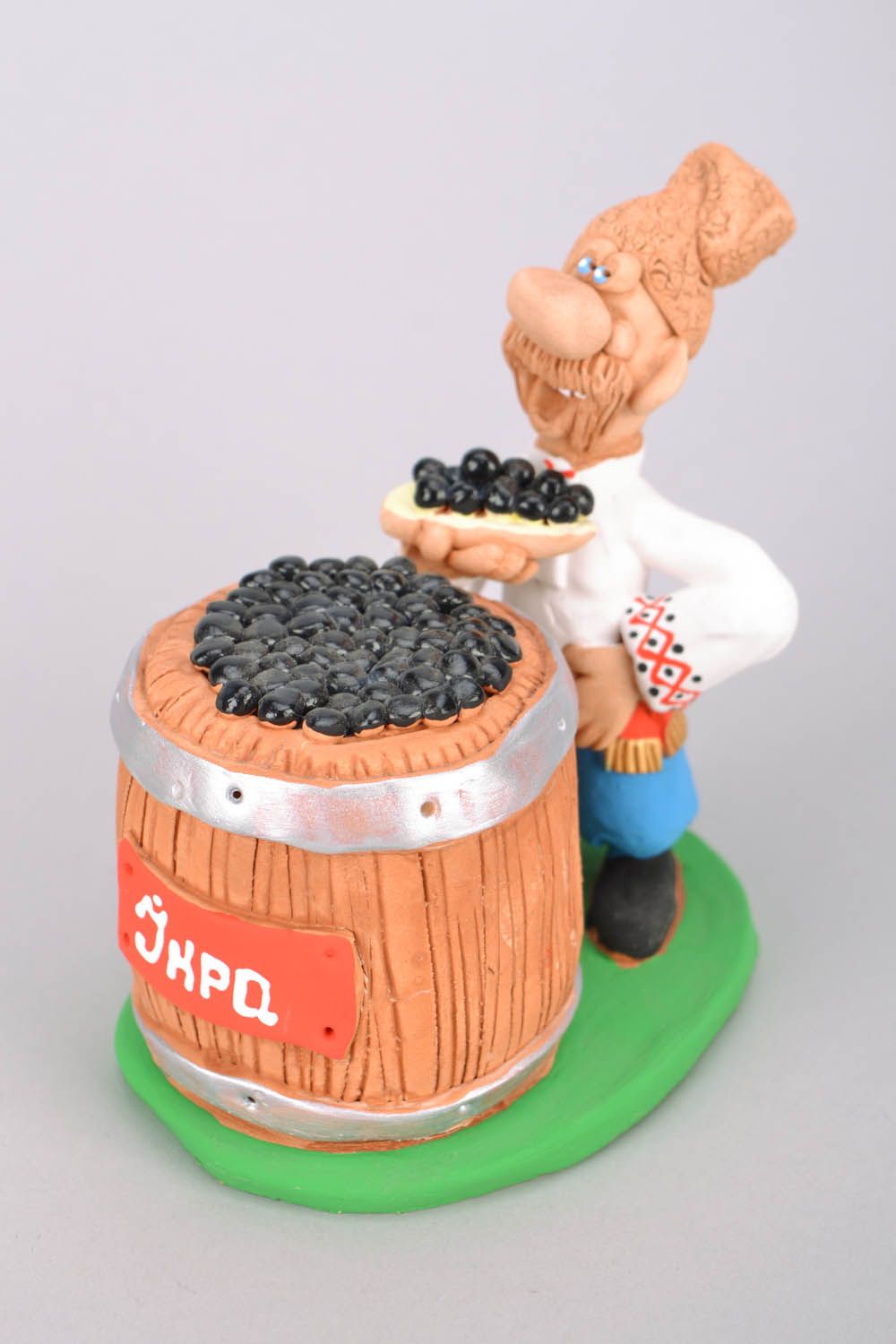 Handmade clay figurine Cossack Near the Barrel with Black Caviar photo 3