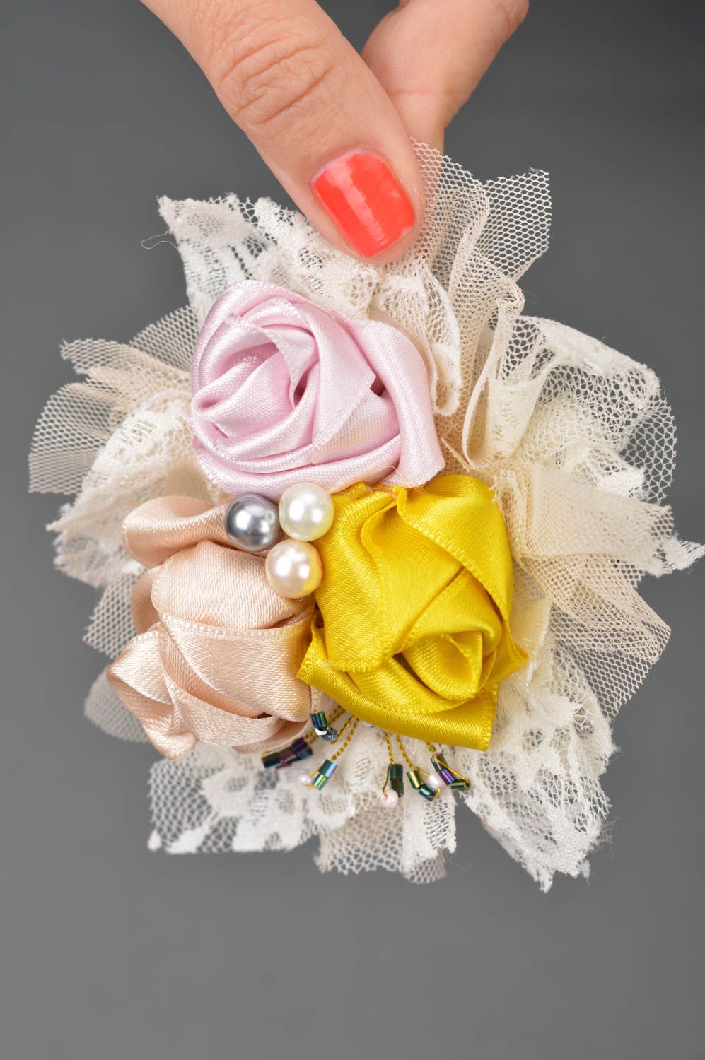 Brooch hairpin with flowers made of satin ribbons handmade bouquet of roses photo 3