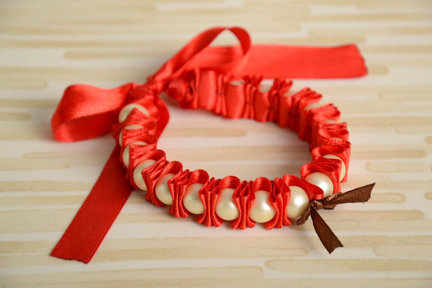 Handmade woven red satin ribbon bracelet with plastic beads Wine photo 1