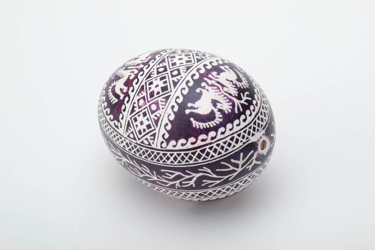 Handmade traditional painted chicken egg violet and white with horses pattern photo 4
