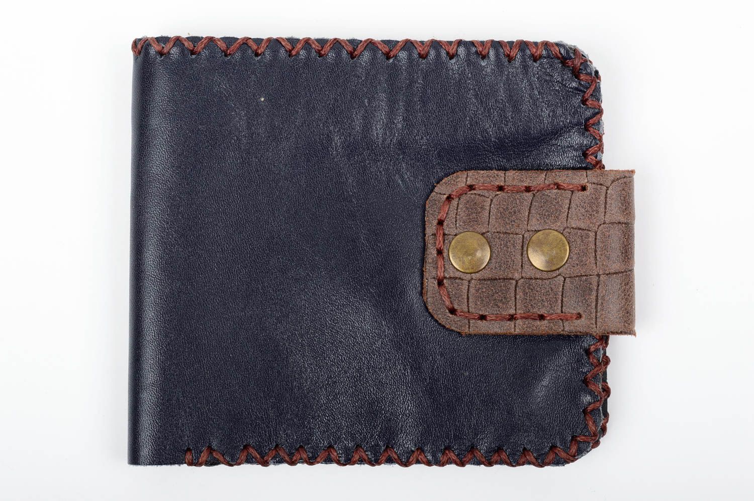 Portefeuille cuir Accessoire fait main bleu foncé cousu Cadeau original unisexe photo 1
