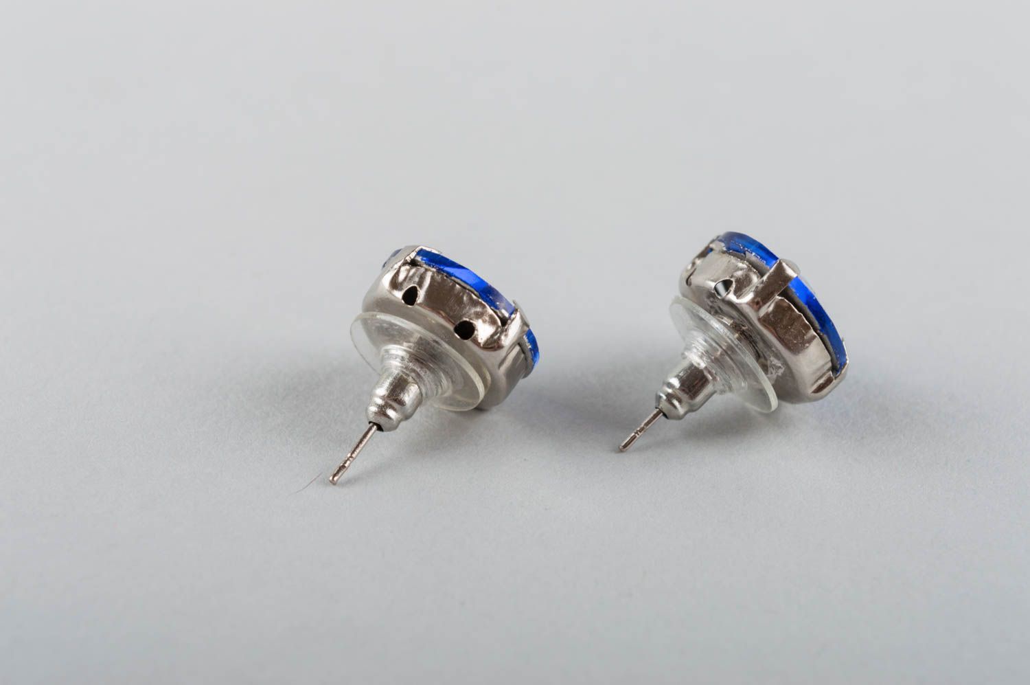 Handmade brass earrings stylish stud earrings blue rhinestones metal jewelry photo 4