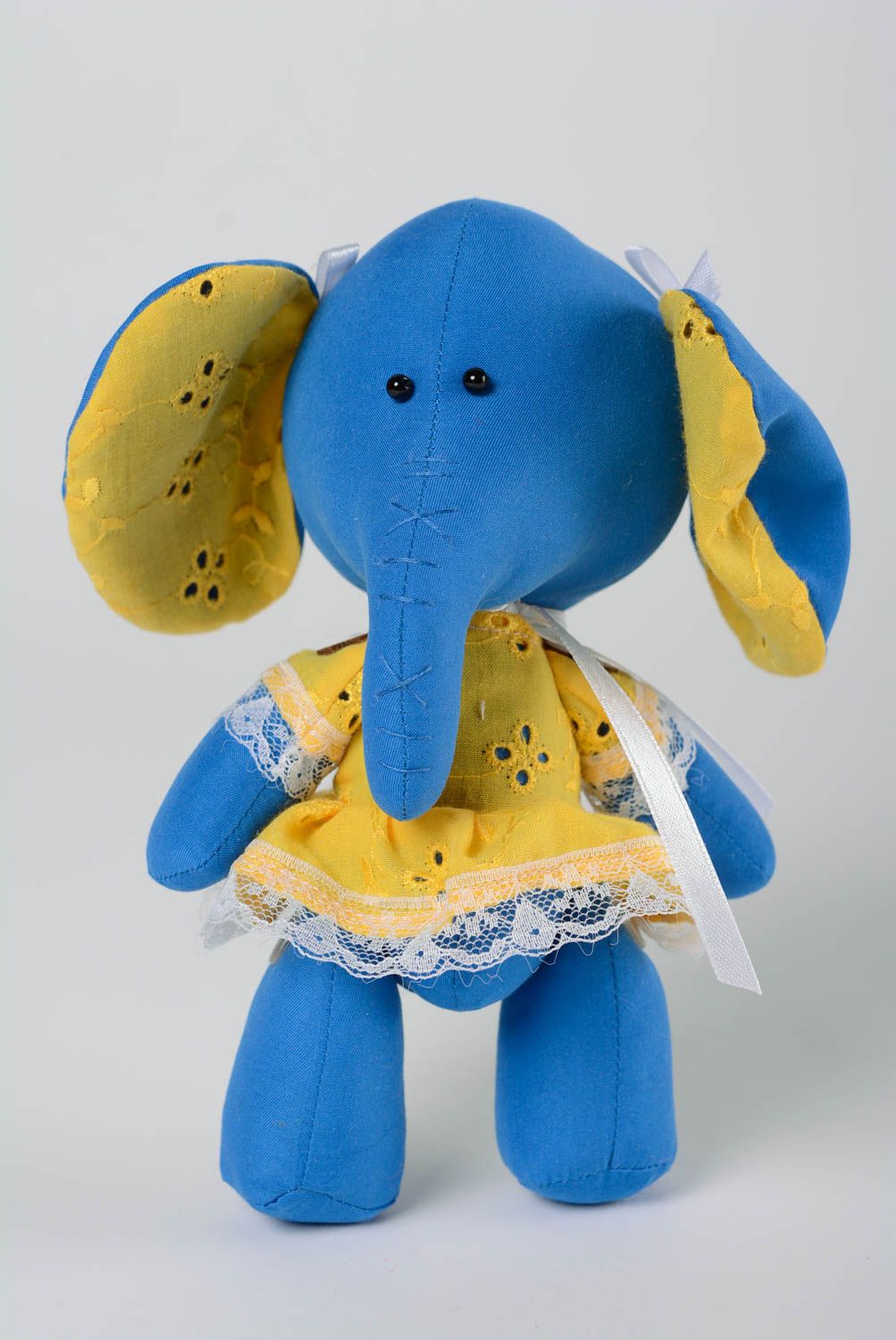 Handmade designer cotton fabric soft toy blue elephant in bright yellow dress photo 2