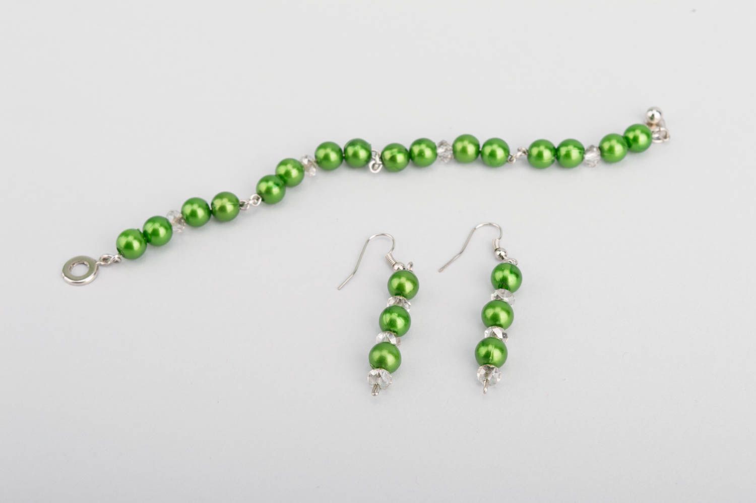 Украшения ручной работы модный браслет серьги из бусин зеленые набор бижутерии фото 5