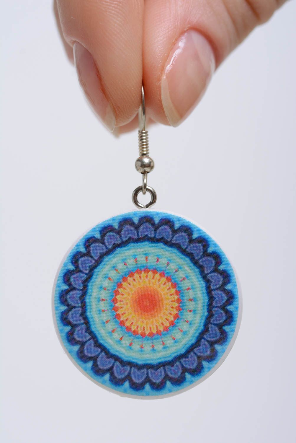 Beautiful blue handmade designer plastic round earrings with ornament photo 4