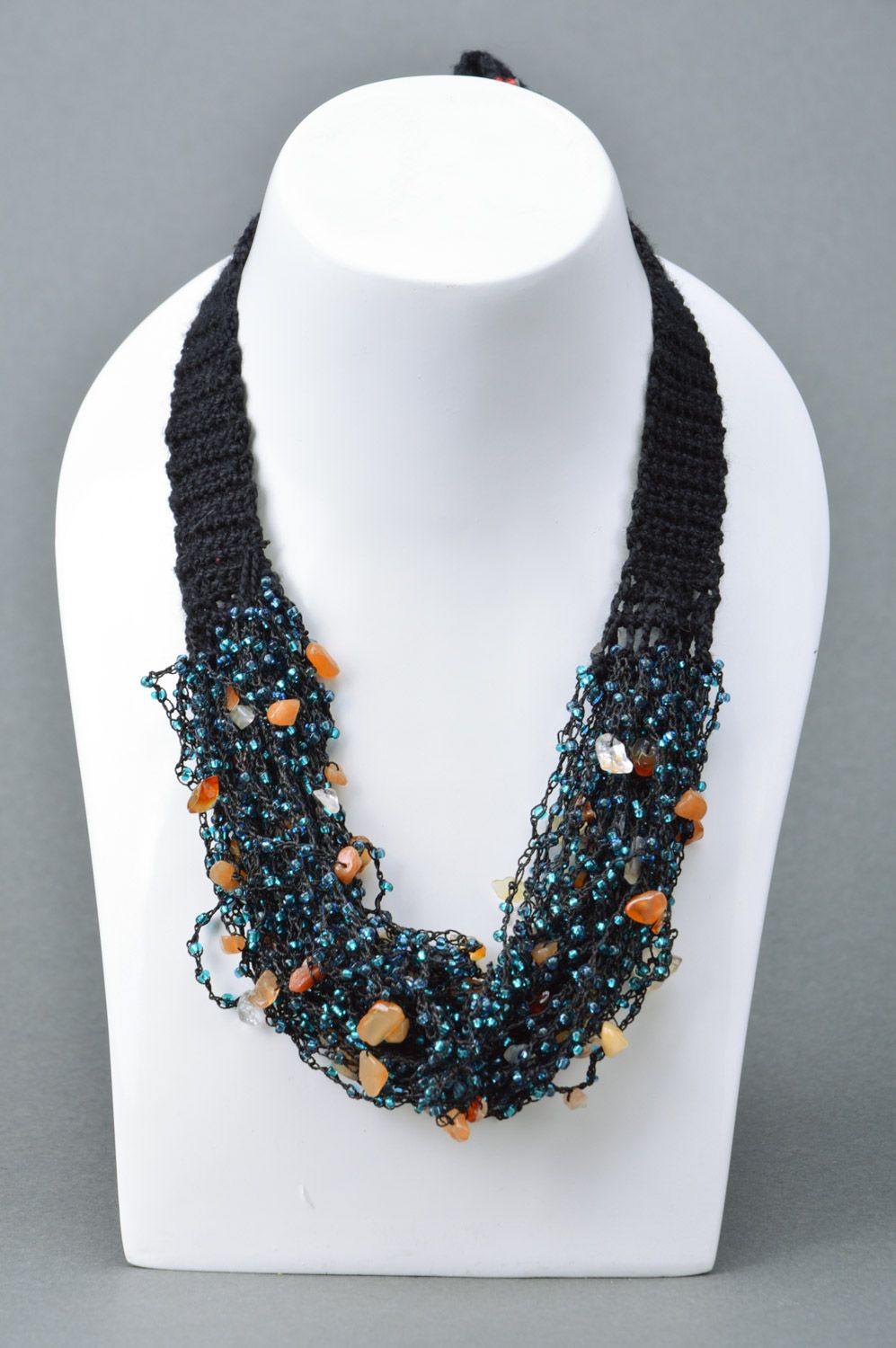 Handmade elegant black necklace woven of threads and beads with button fastener photo 1