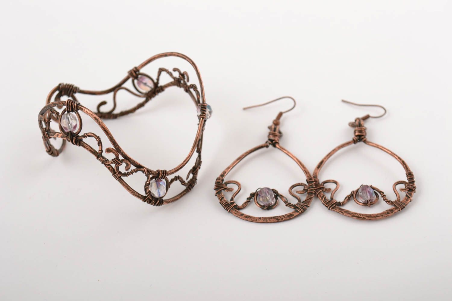 Handmade accessory copper jewelry unusual bracelet long earrings gift ideas photo 2