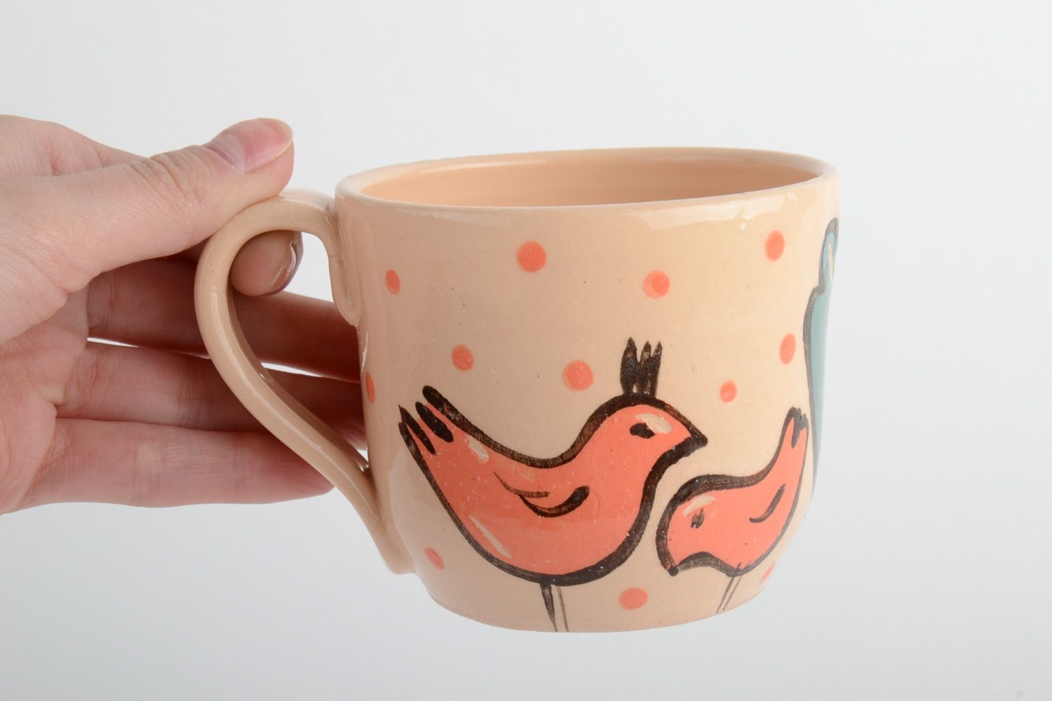 Kids' ceramic drinking cup with bluebird and orange family painting photo 5