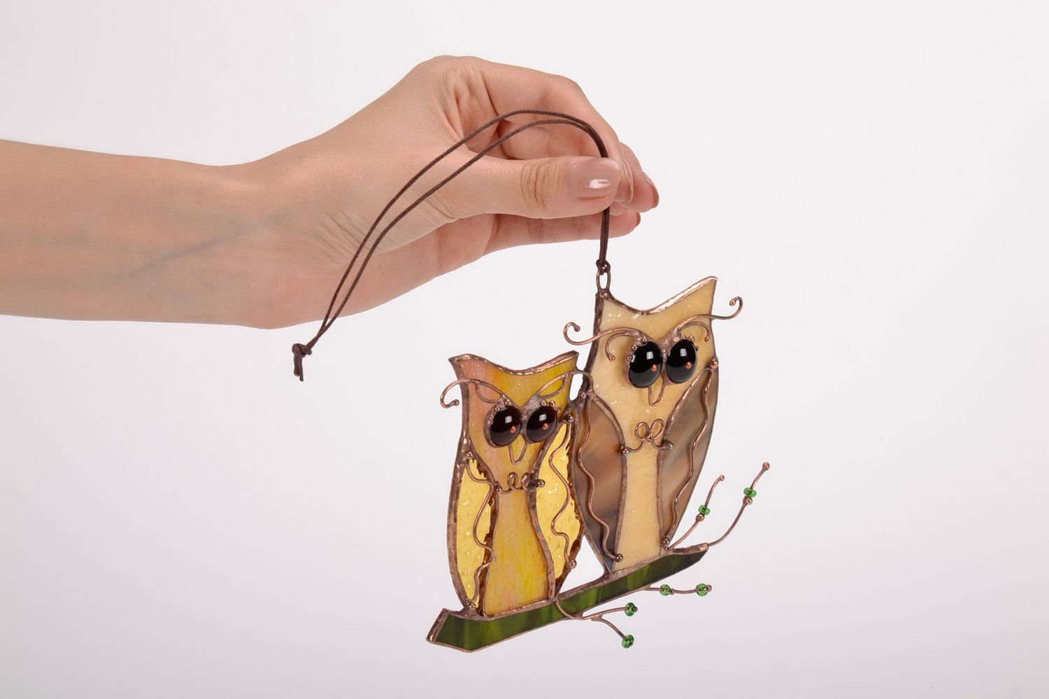 Interior stained glass pendant Couple of owls photo 2