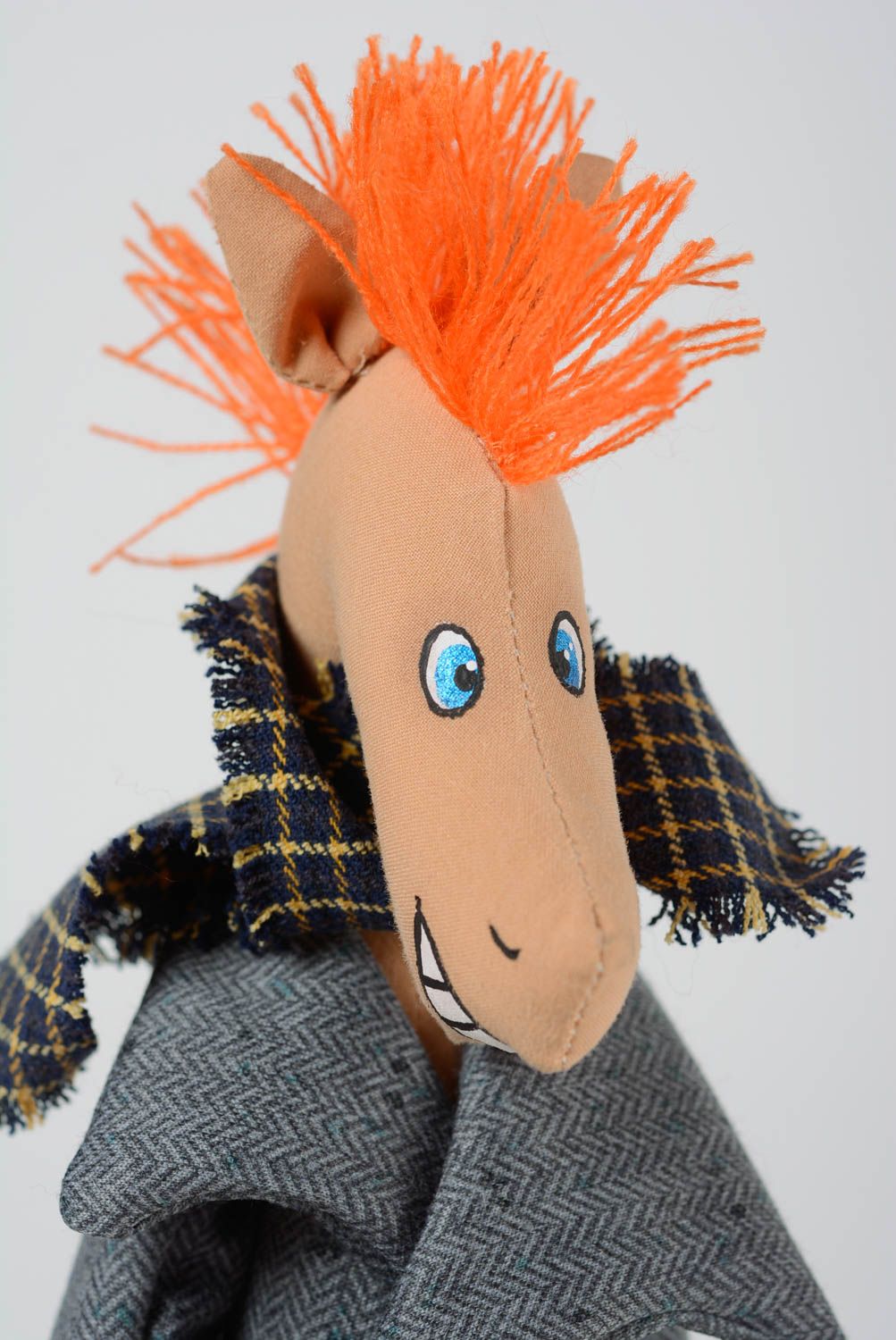 Handmade cotton fabric soft toy horse in coat with scarf painted with acrylics photo 2