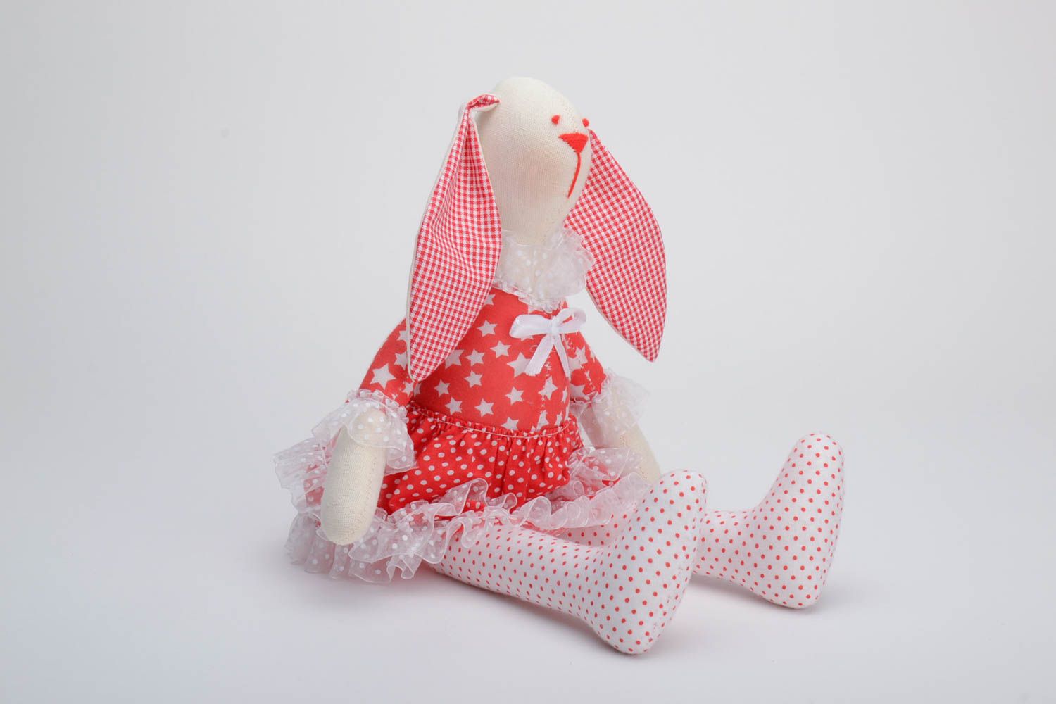 Handmade cotton fabric soft toy rabbit with checkered ears in red dress  photo 2