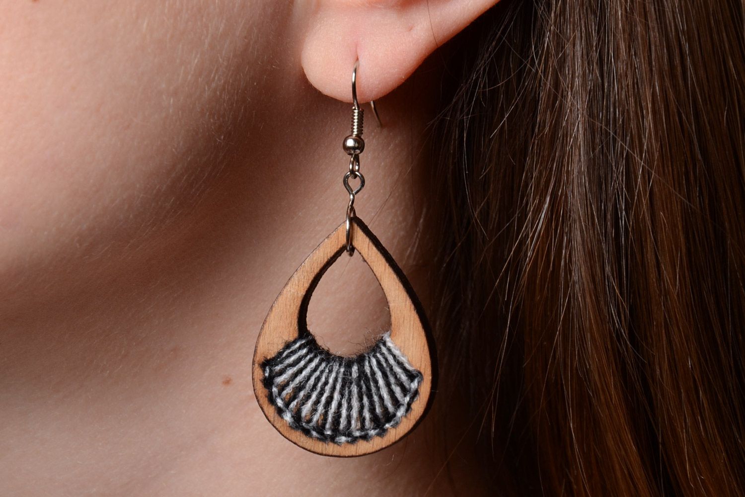 Handmade plywood teardrop-shaped earrings with embroidery in eco style photo 5