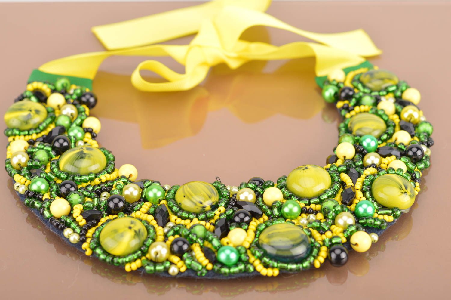 Handmade yellow and green necklace made of large and seed beads on ribbon  photo 5