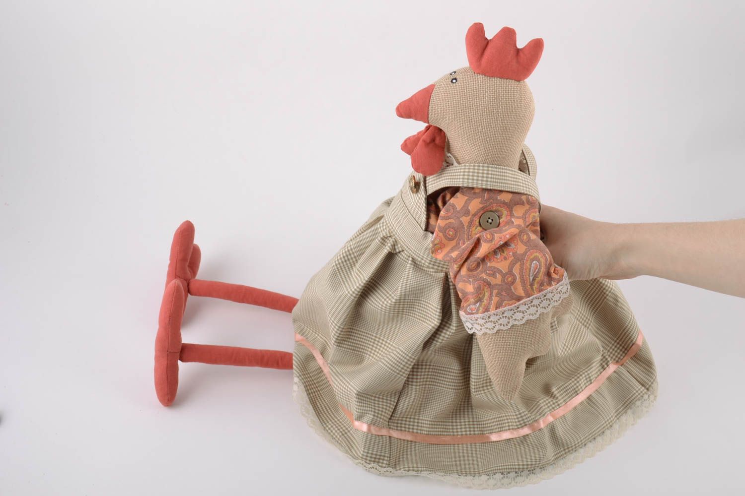Handmade linen soft toy chicken in dress with long paws in pastel color palette photo 2
