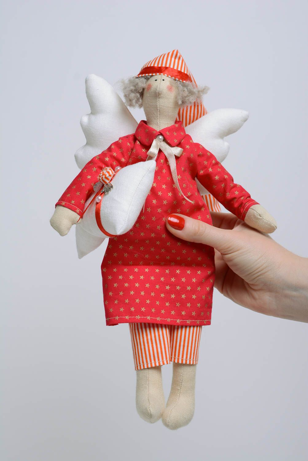 Тканевая игрушка из хлопка мягкая красивая детская ручной работы Ангел в пижаме фото 3