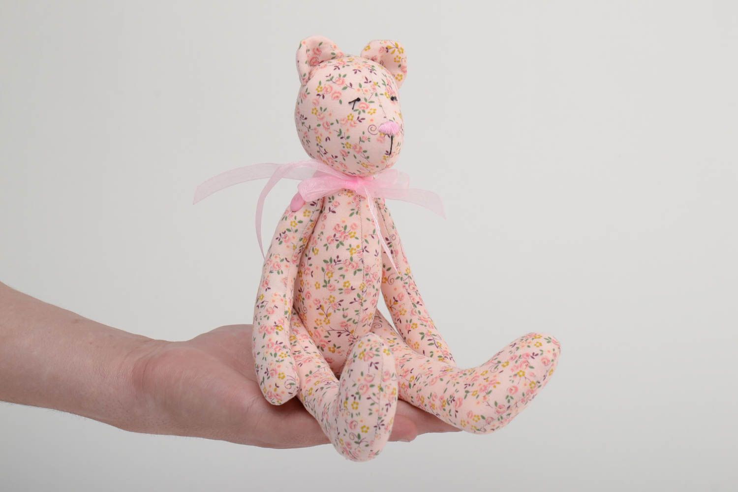 Handmade designer soft toy sewn of tender pink floral cotton fabric bear photo 5