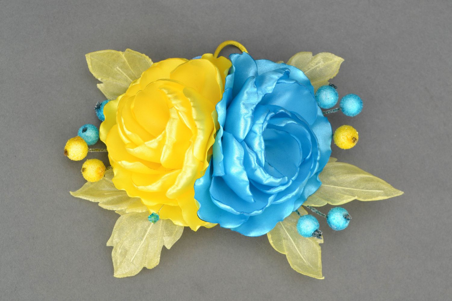 Satin brooch-hair pin Yellow and Blue Flower photo 1