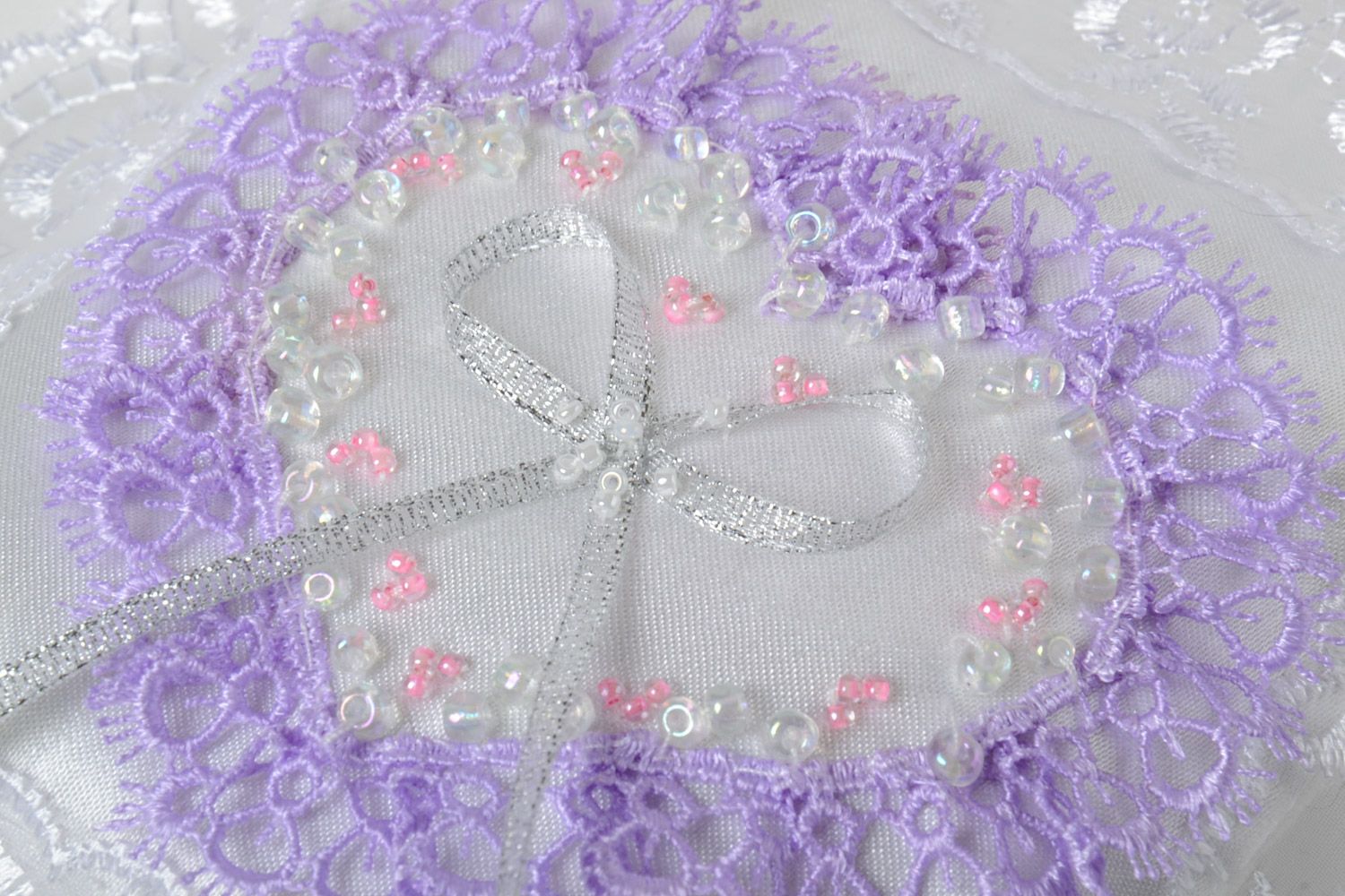 Handmade white satin rings bearer pillow with lace violet heart and beads photo 3