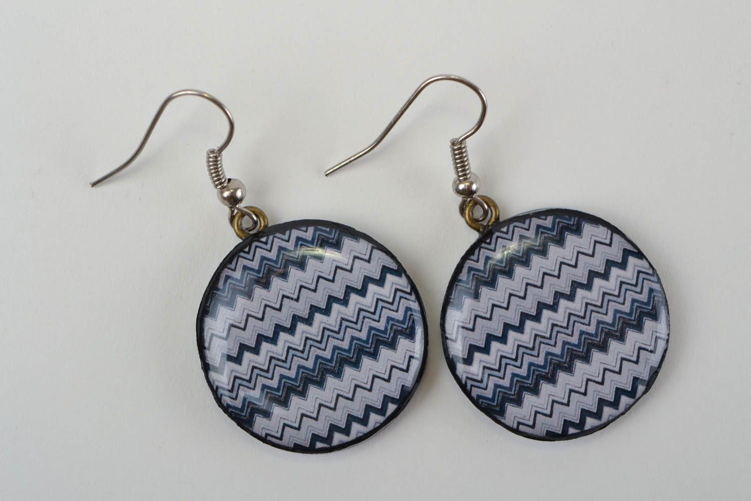 Handmade round polymer clay decoupage dangling earrings with pattern photo 3
