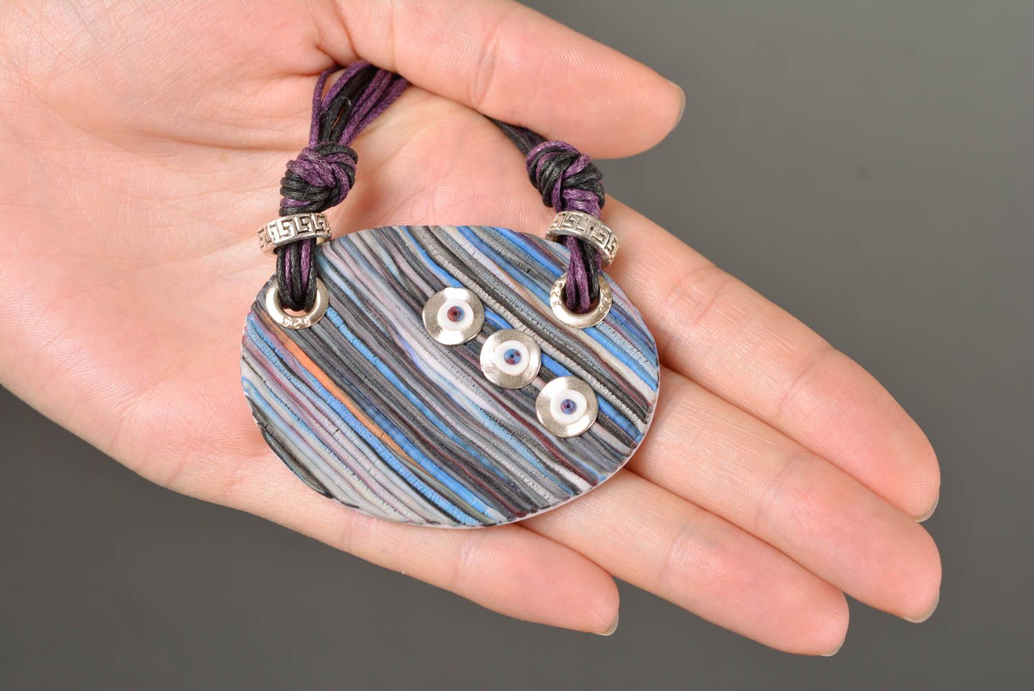 Designer necklace made of polymer clay on cord handmade beautiful jewelry photo 2