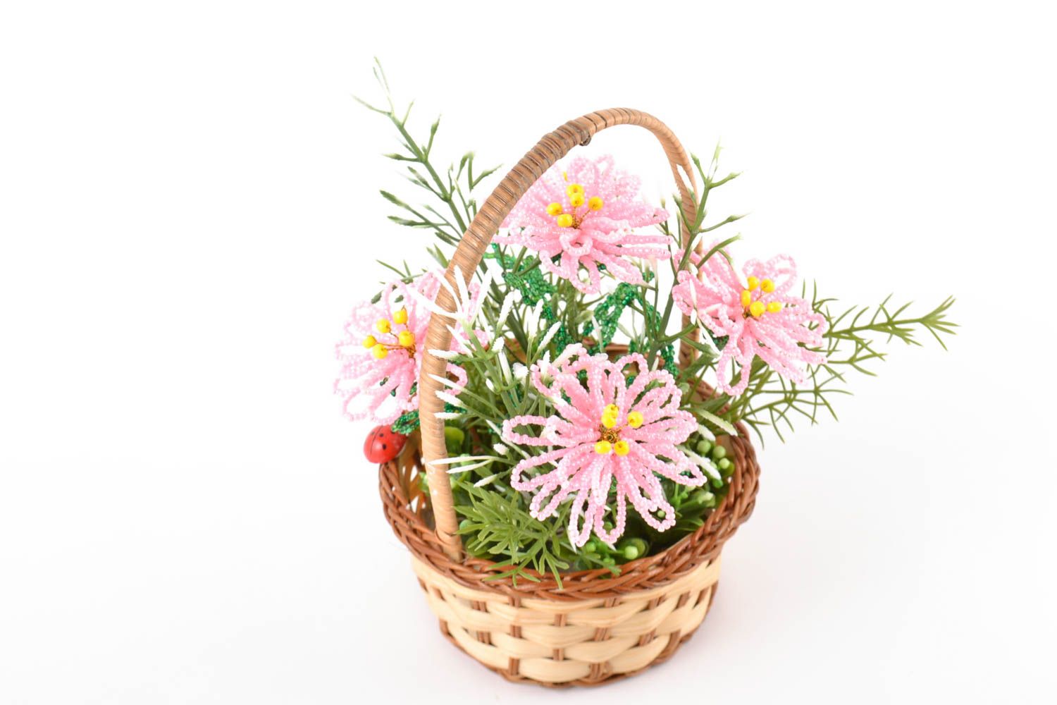 Handmade artificial pink volume beaded flowers in small decorative basket photo 4