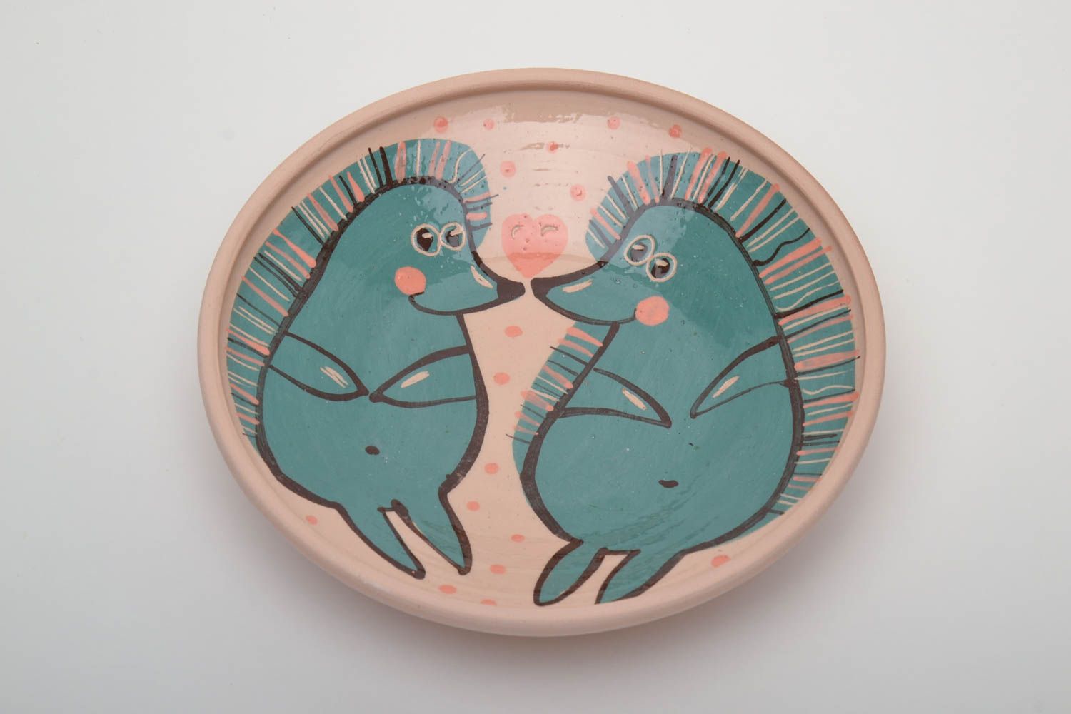 Pink ceramic plate with hedgehogs photo 3