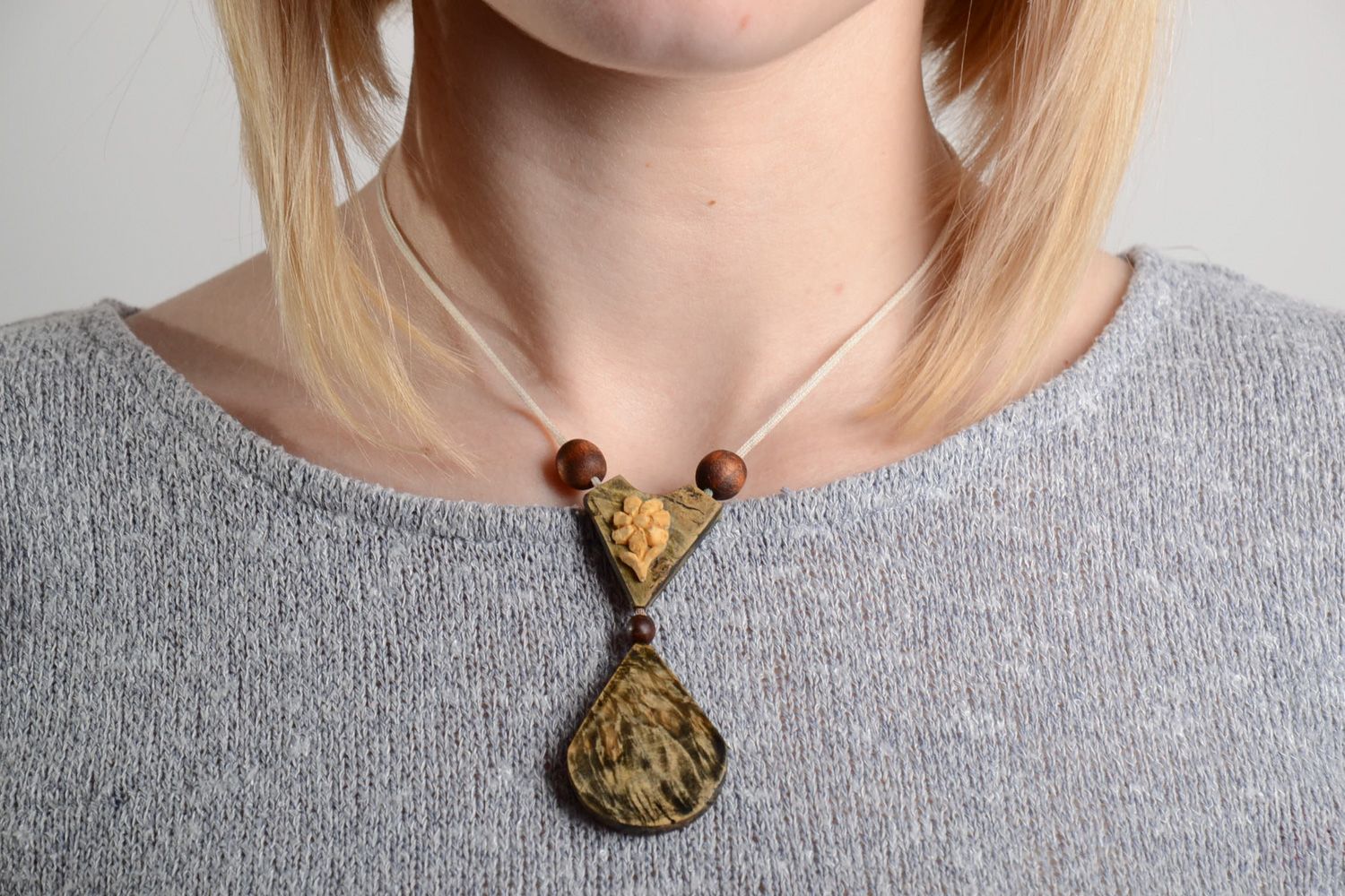 Handmade neck pendant carved of wood with unusual design on cord for women photo 2