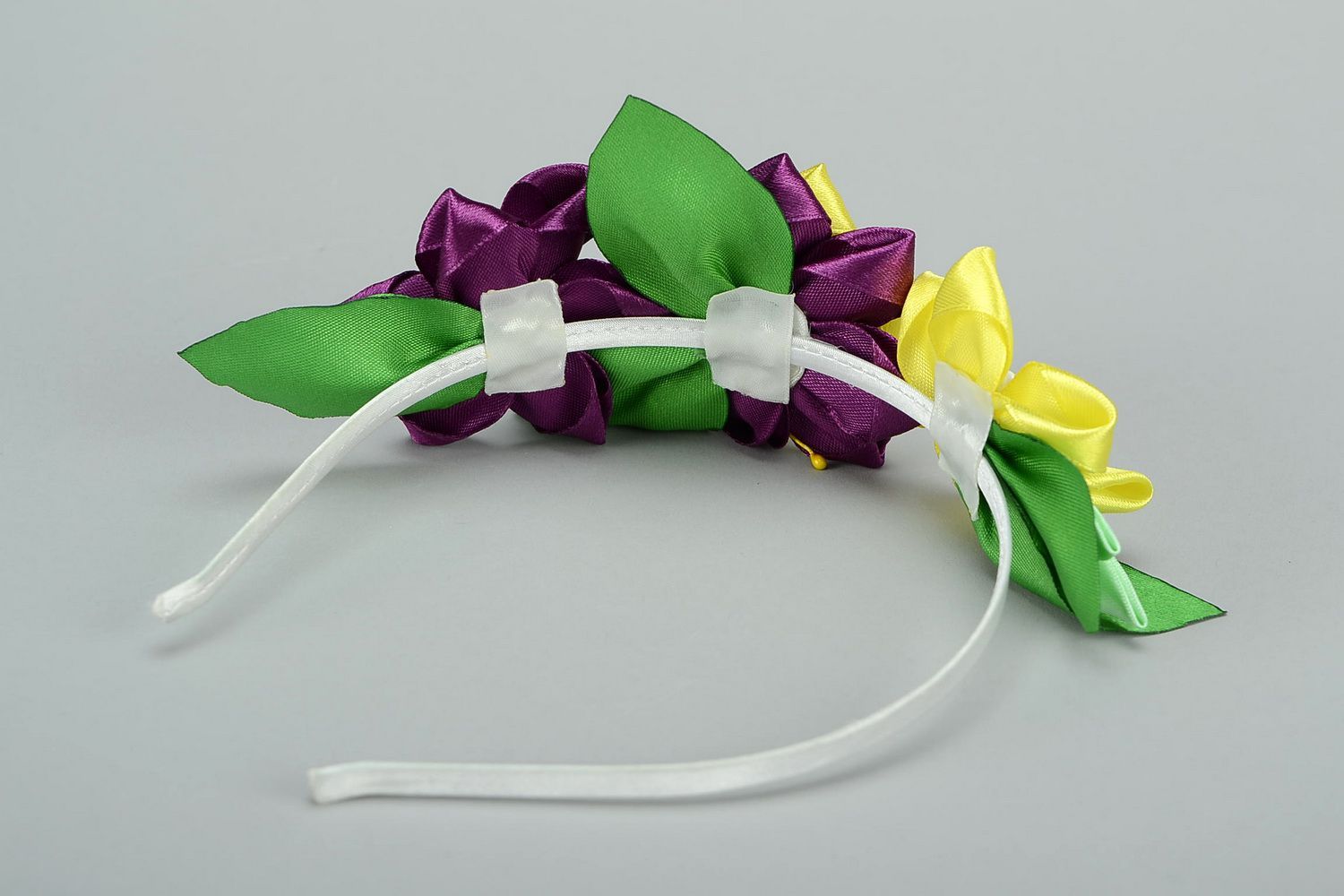Headband, head wreath with satin flowers Yellow and violet photo 3