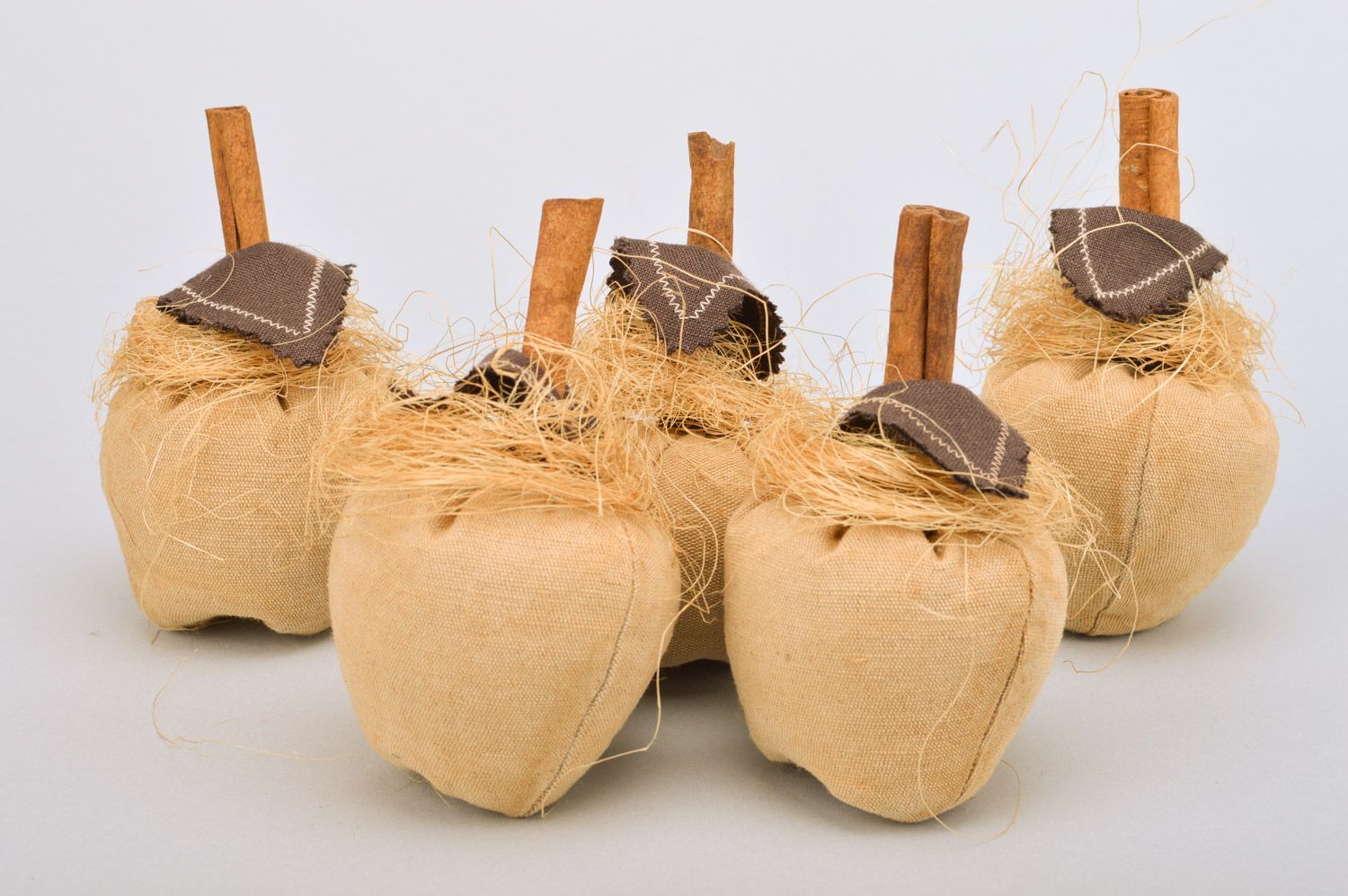Set of handmade interior soft toy apples sewn of linen with cinnamon sticks 5 items photo 2