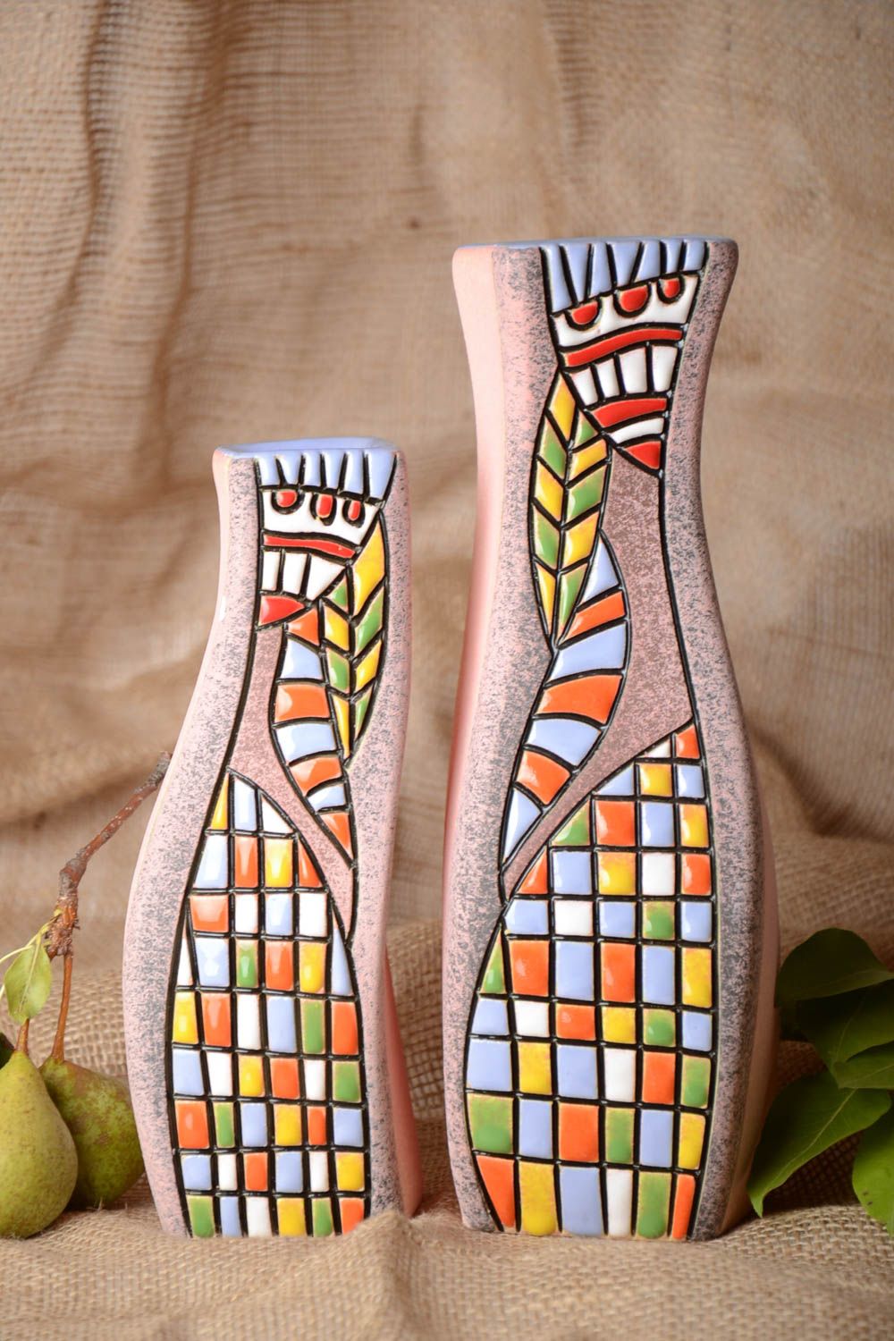 Conjunto de 2 jarrones artesanales floreros de cerámica decoración de hogar
 foto 1