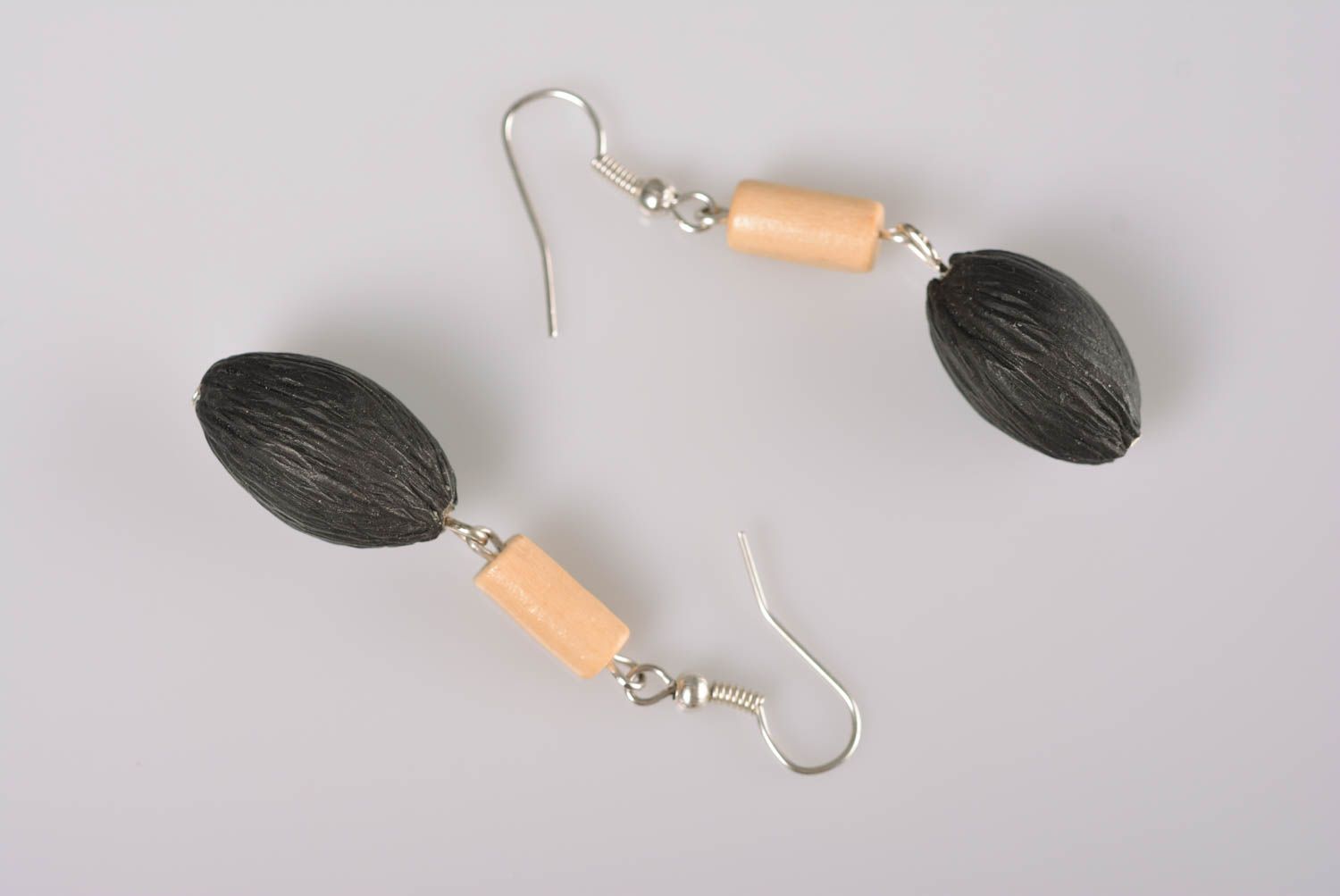 Handmade long dangle earrings with black polymer clay and wooden beads photo 4