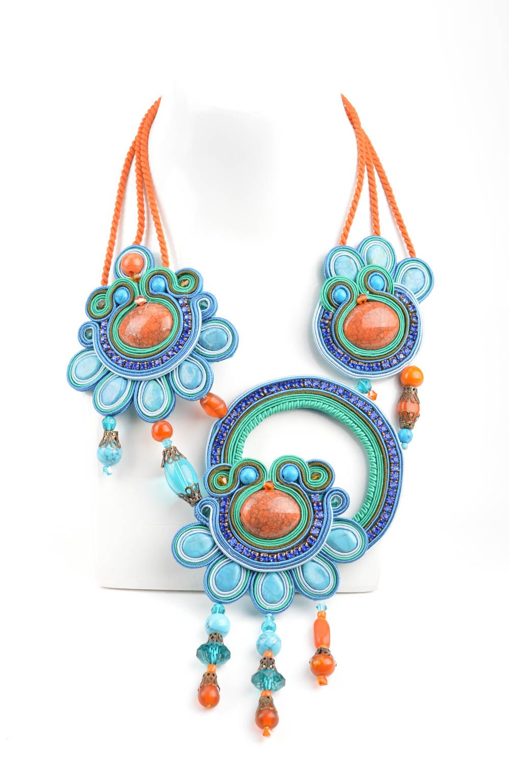 Unusual beautiful women's handmade designer soutache cord necklace with beads photo 2