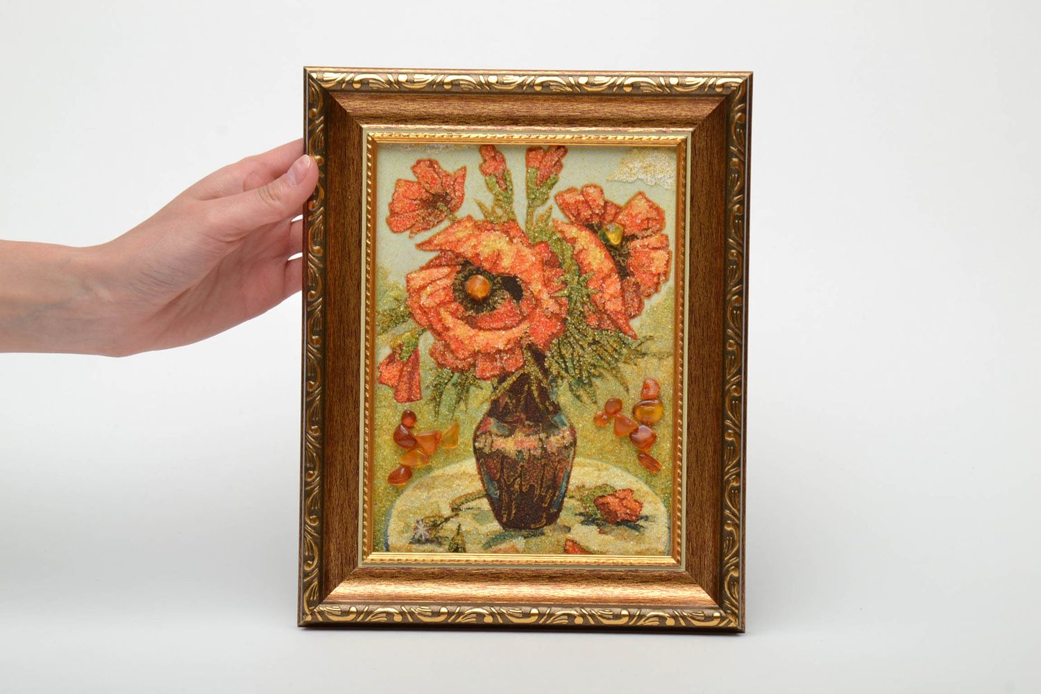 Amber decorated painting in wooden frame Poppies photo 5