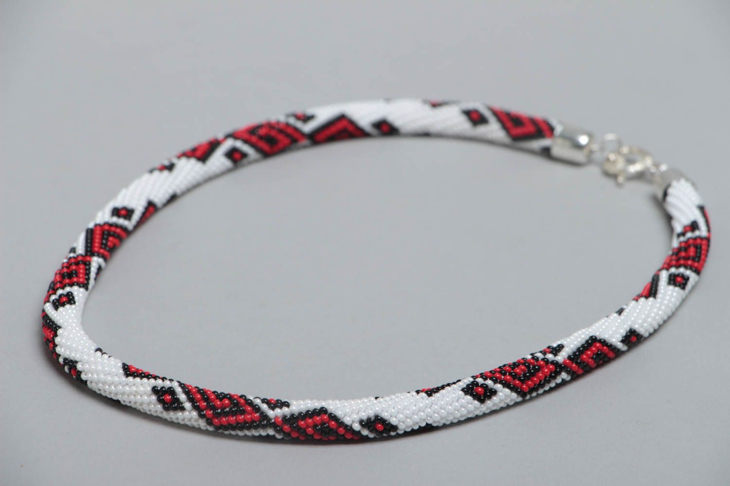 Beautiful white and red handmade designer beaded cord necklace with ornament photo 3