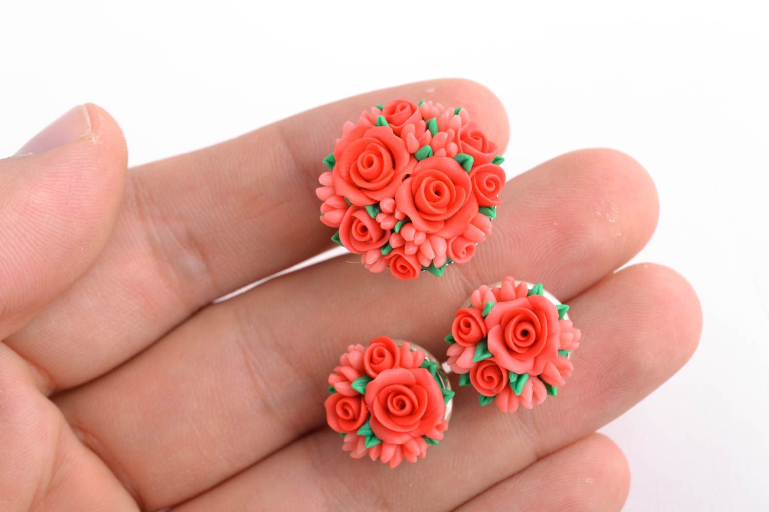 Handmade polymer clay floral jewelry set earrings and ring photo 2
