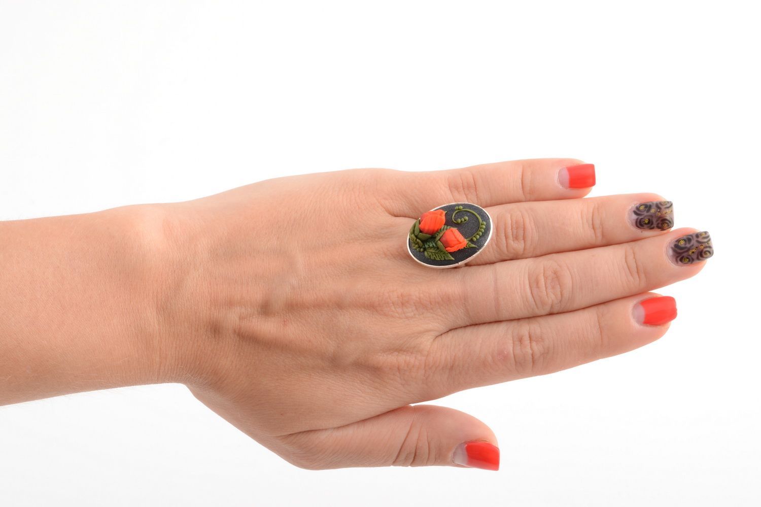 Handmade designer ring with red polymer clay rose flowers and metal basis photo 5