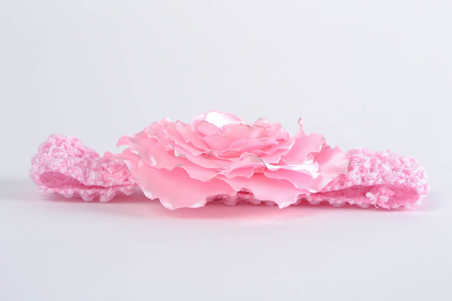 Tender pink handmade designer headband with volume satin ribbon pink flower photo 4