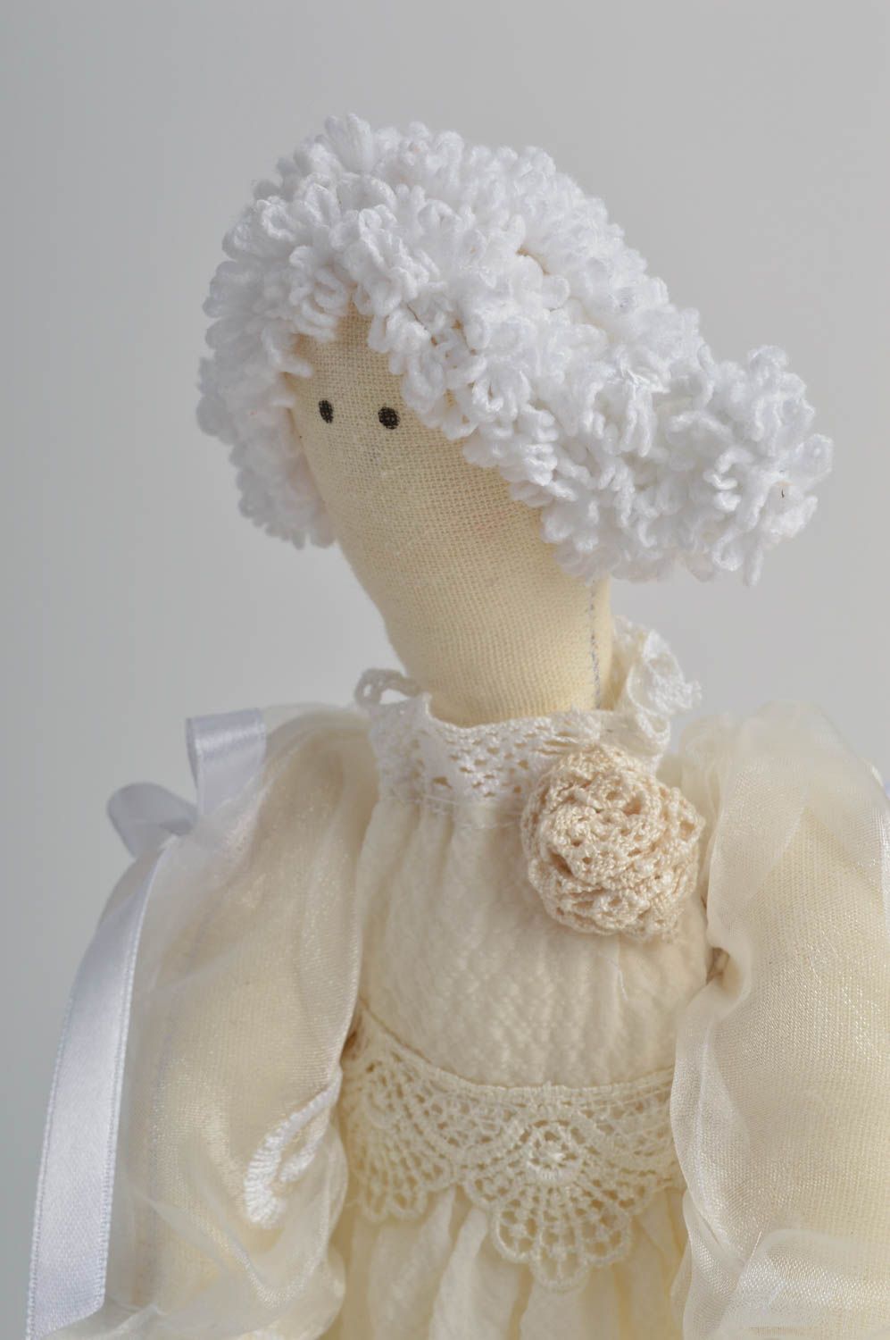 Handmade designer fabric soft toy with white curly hair in festive dress photo 3