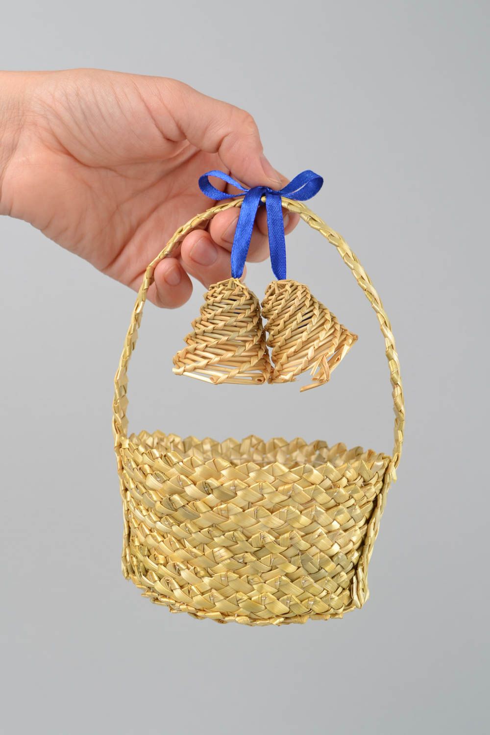 Beautiful small handmade decorative woven straw basket with bells photo 2