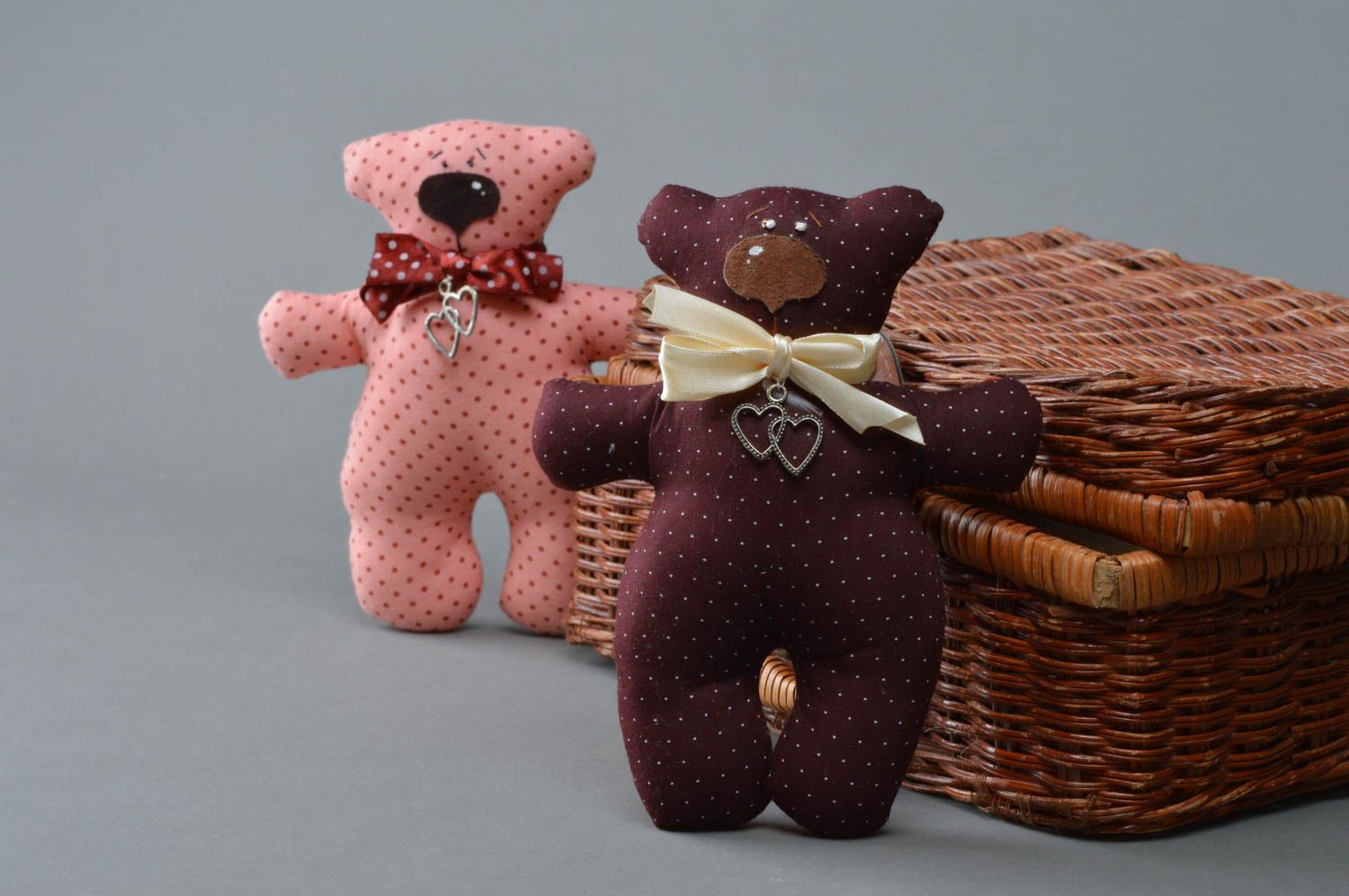 Set of 2 handmade small cotton soft toys violet and pink polka dot bears photo 1