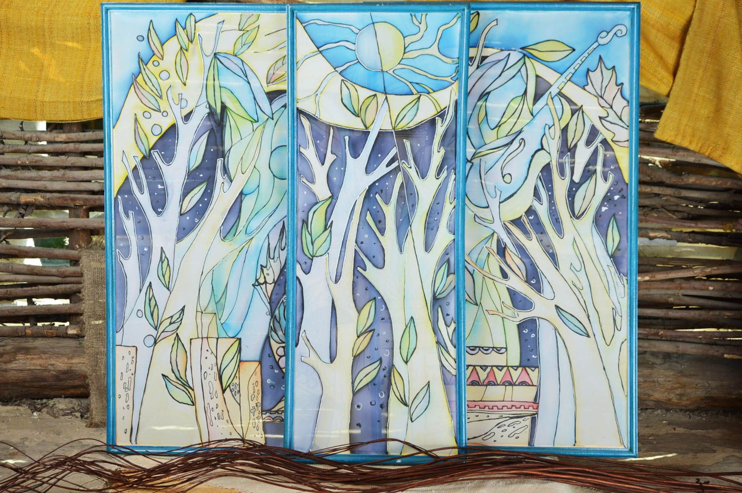 Handgemachtes Stoff Wandbilder Triptychon in Batik Technik Abstraktion in Blau foto 1