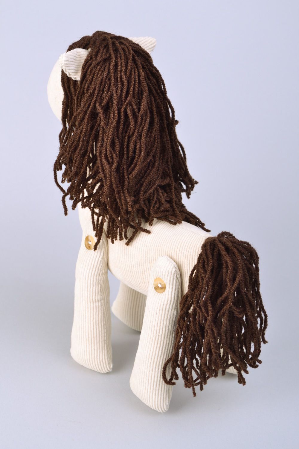 Handmade designer soft toy pony with brown mane sewn of white velvet for kids photo 5