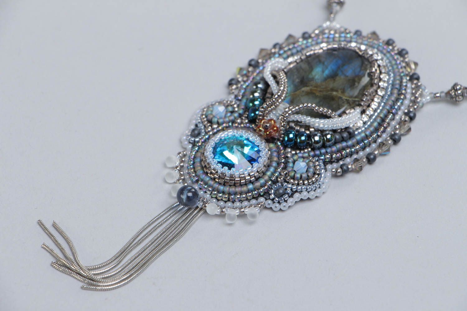 Beautiful beaded pendant with labradorite and crystal evening stylish accessory photo 3